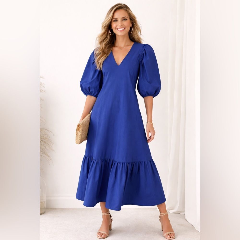 💙 ANNA Cate Cobalt Blue Puff Sleeve Midi Dress 💙 NWOT